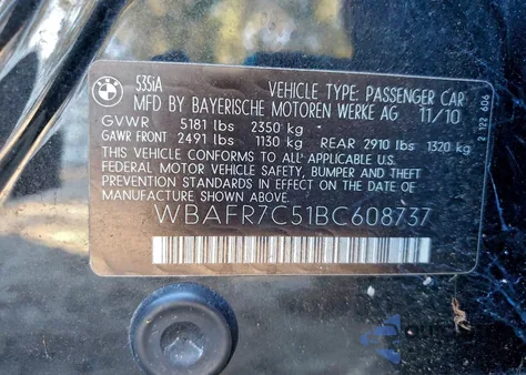 2011 BMW 535 I z USA, uszkodzony, nr VIN WBAFR7C51BC608737